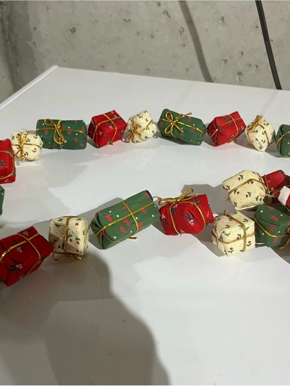 Festive Santa and Gift Boxes Tree garland- Red, Green, Cream .